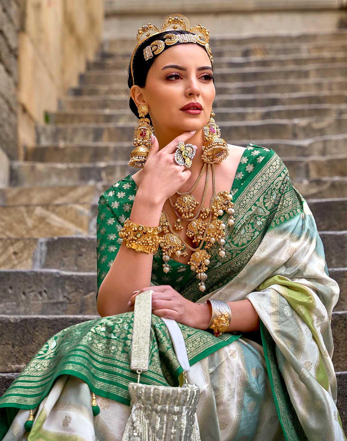 Collection of Light Green Banaras Georgette Party Wear Saree in a gallery layout