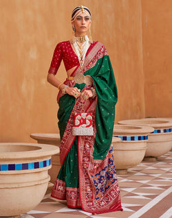 Collection of Elora Green and Red Patola Silk Saree in a gallery layout