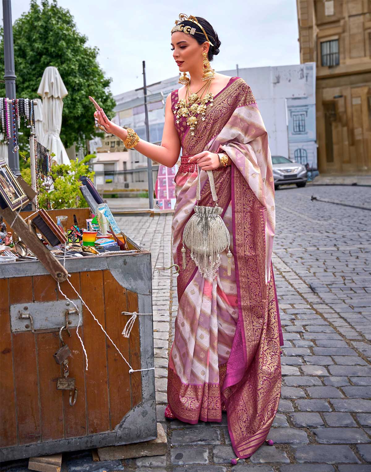 Elegant Magenta Floral Banaras Georgette Saree