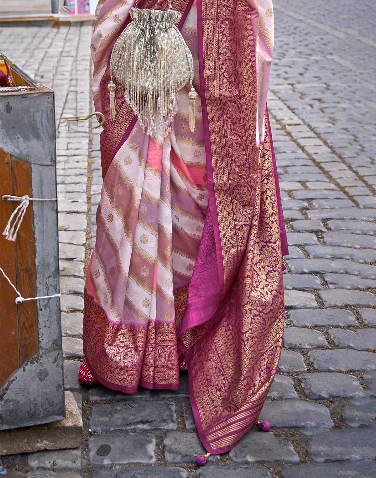 Collection of Elegant Magenta Floral Banaras Georgette Saree in a gallery layout