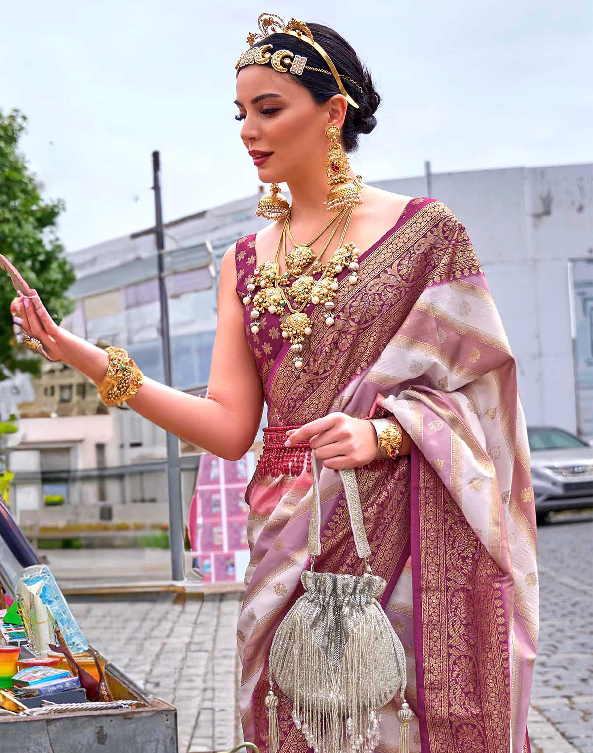 Collection of Elegant Magenta Floral Banaras Georgette Saree in a gallery layout