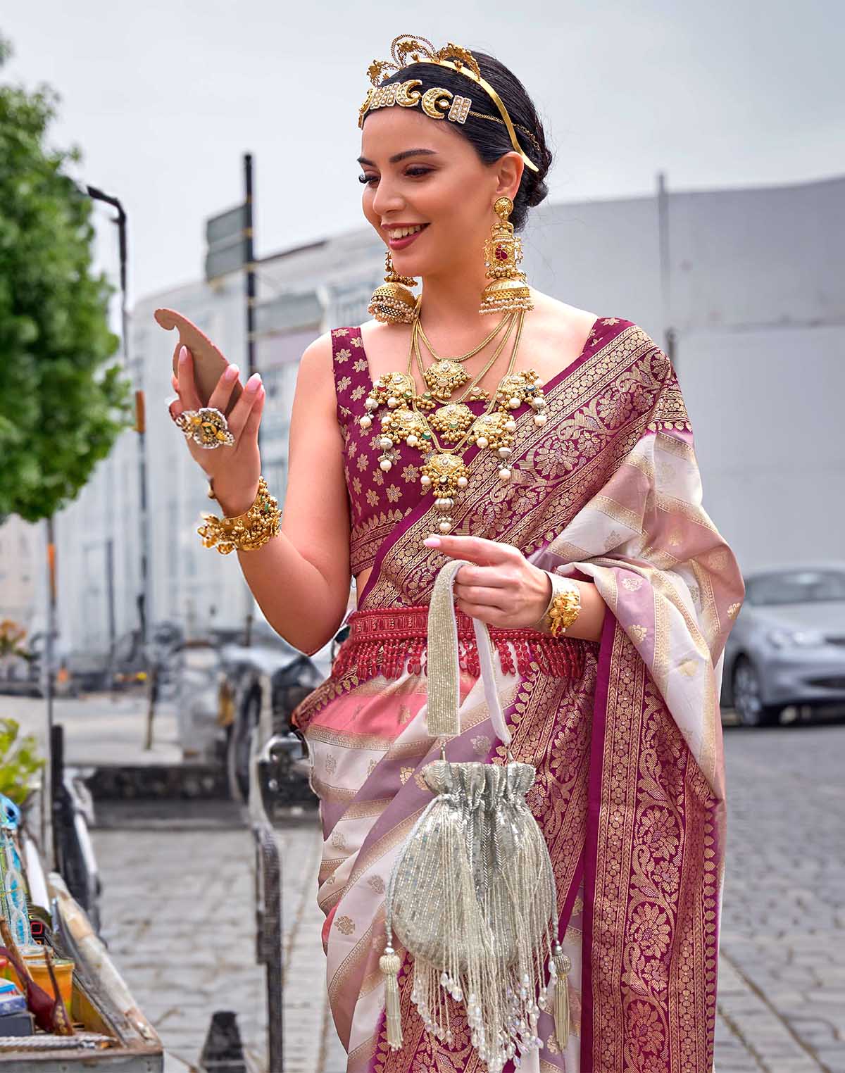 Elegant Magenta Floral Banaras Georgette Saree