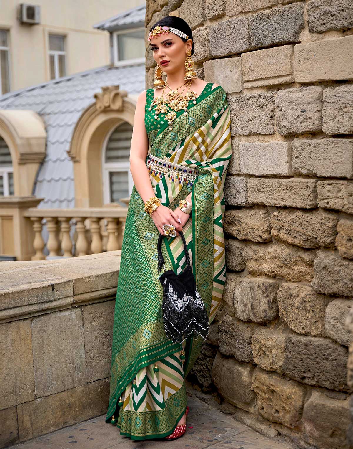 Green Chevron Pattern Soft Patola Silk Saree