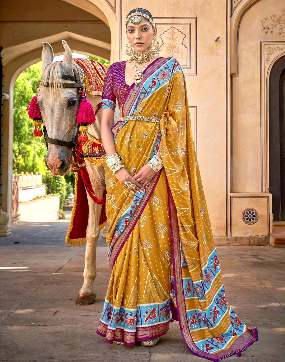 Mustard and Pink Contrast Border Saree