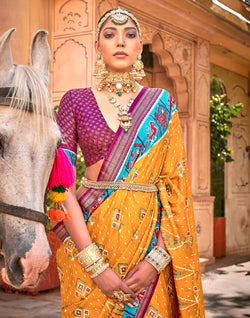 Collection of Mustard and Pink Contrast Border Saree in a gallery layout