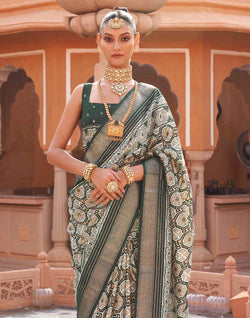 Collection of Dolphin Grey Ikat Print Saree with Contrast Plain Border in a gallery layout