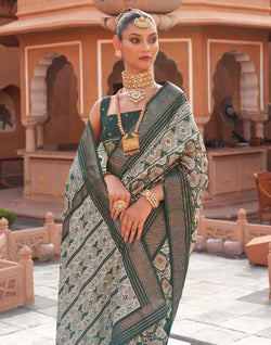 Collection of Dolphin Grey Ikat Print Saree with Contrast Plain Border in a gallery layout