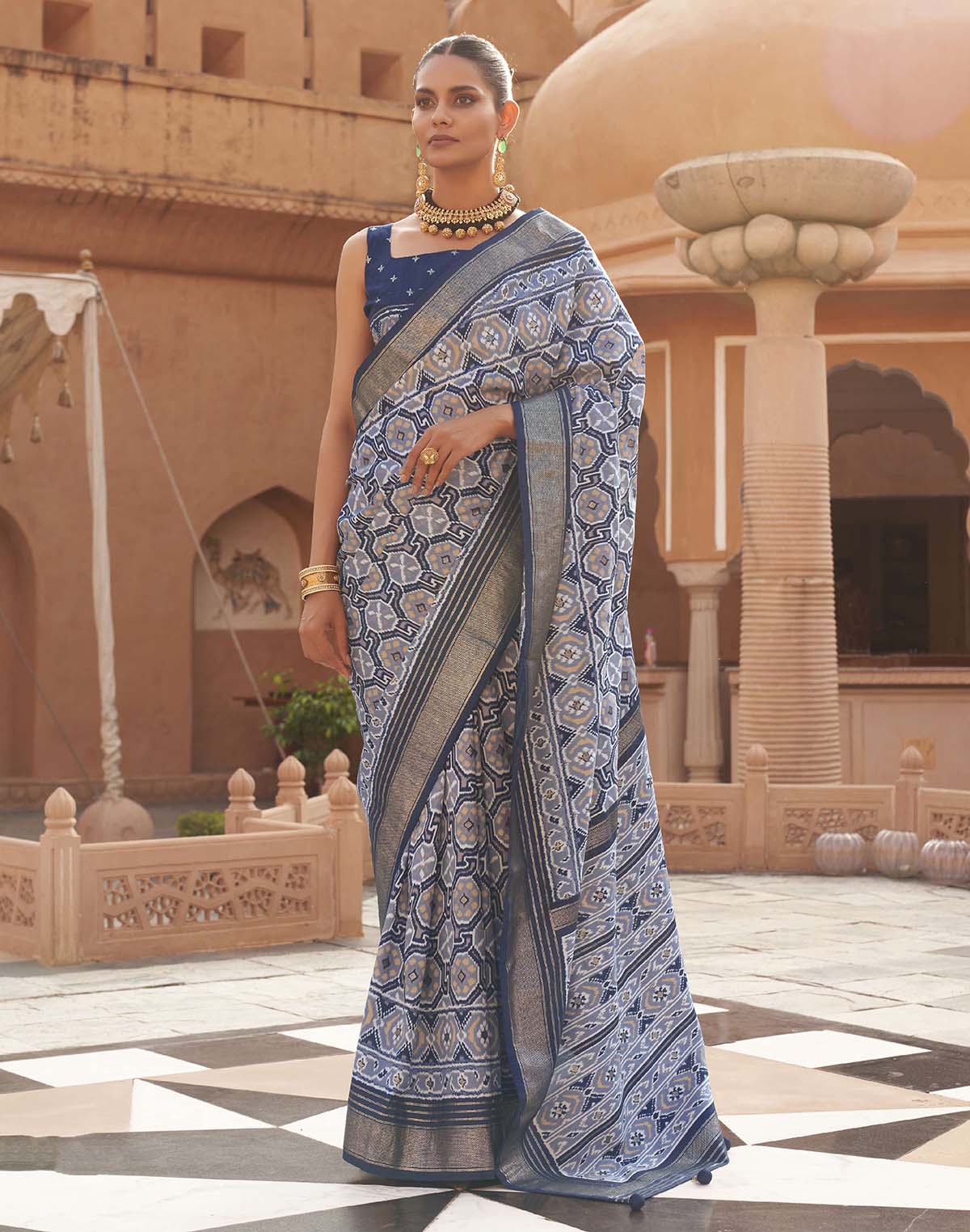 Light Blue Ikat Pattern Pochampally Patola Silk Saree