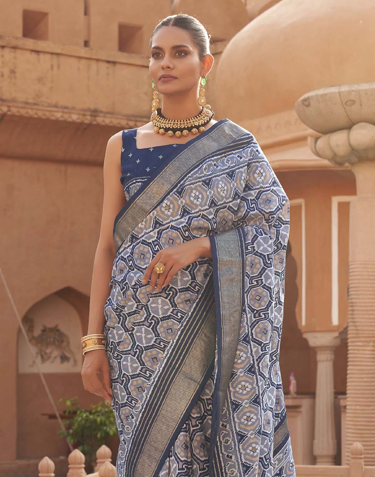 Collection of Light Blue Ikat Pattern Pochampally Patola Silk Saree in a gallery layout