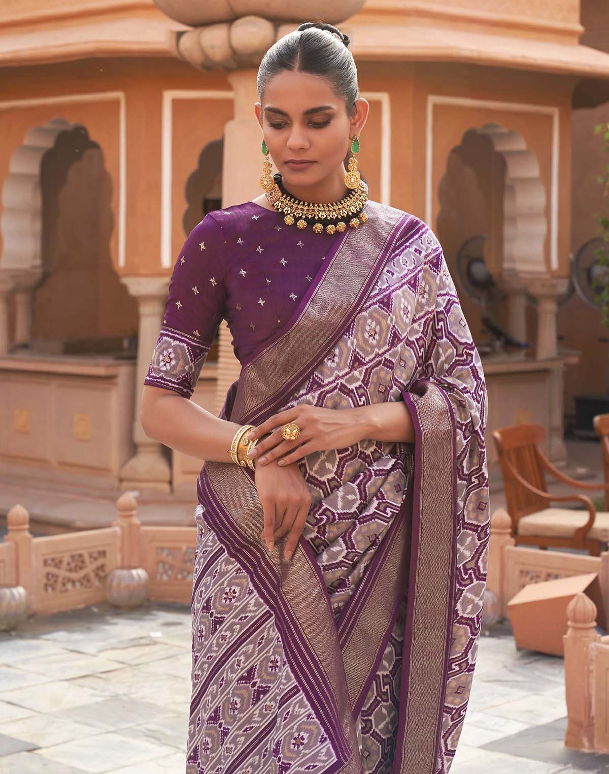 Collection of Purple Ikat Pochampally Designer Saree in a gallery layout