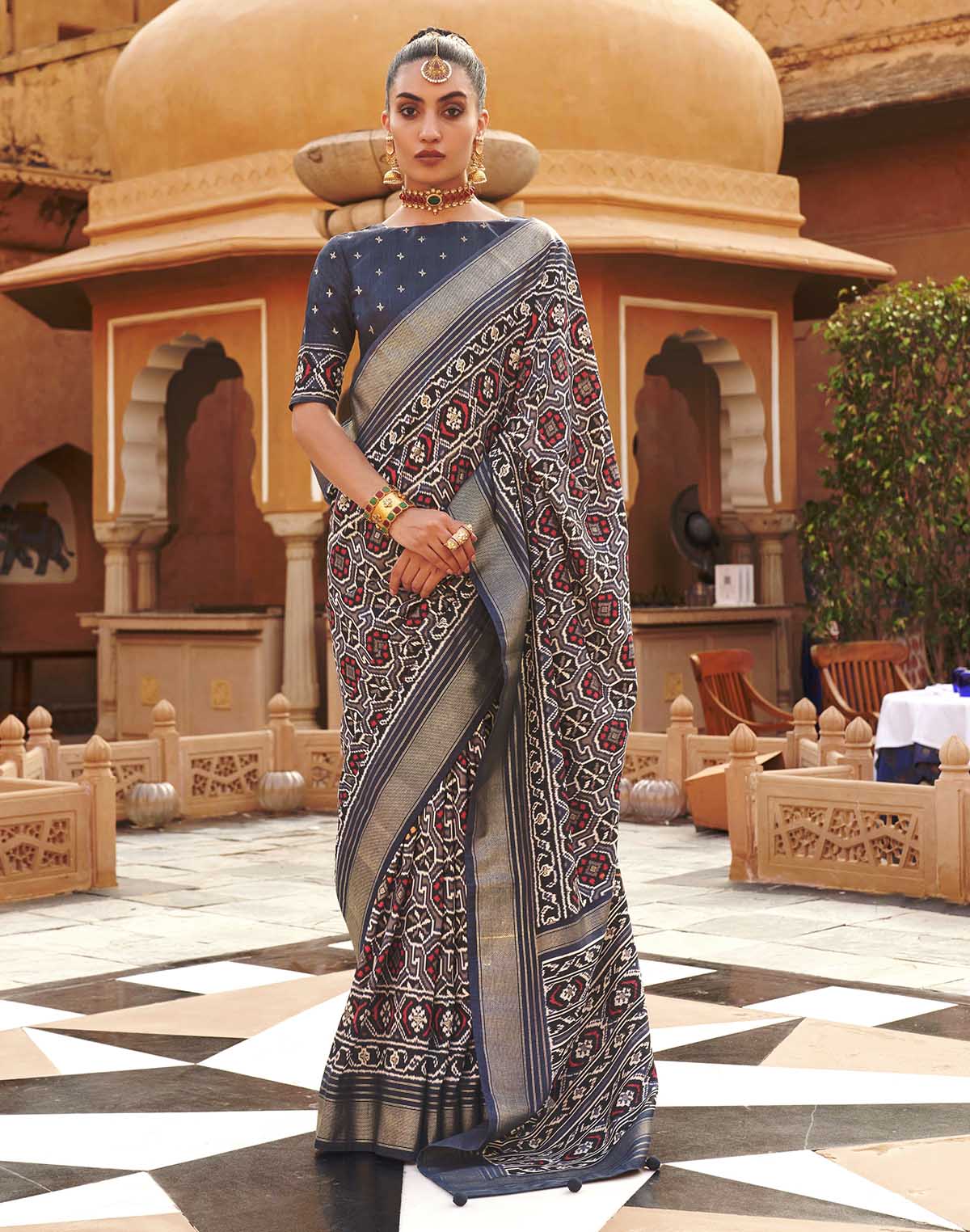 Dark Grey Patola Silk Saree