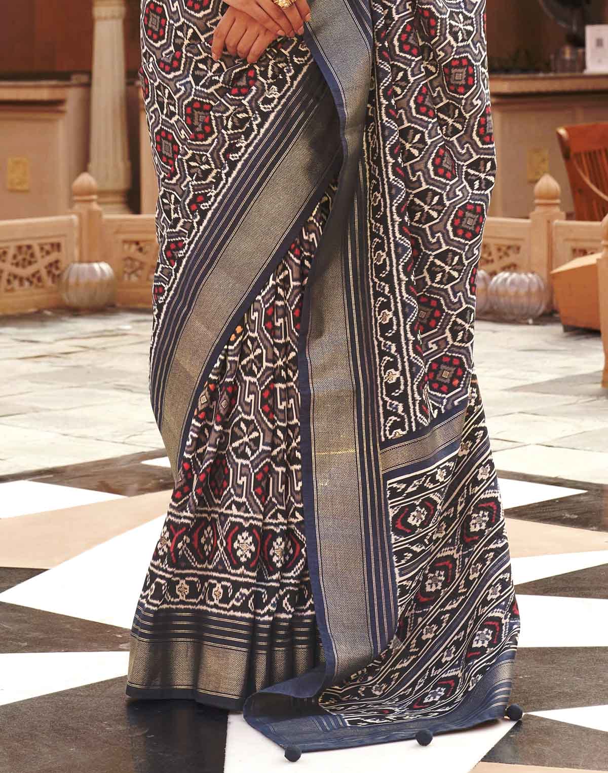 Dark Grey Patola Silk Saree