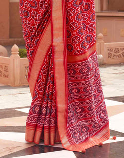 Collection of Red Ikat Print Patola Saree with Contrast Zari Border in a gallery layout