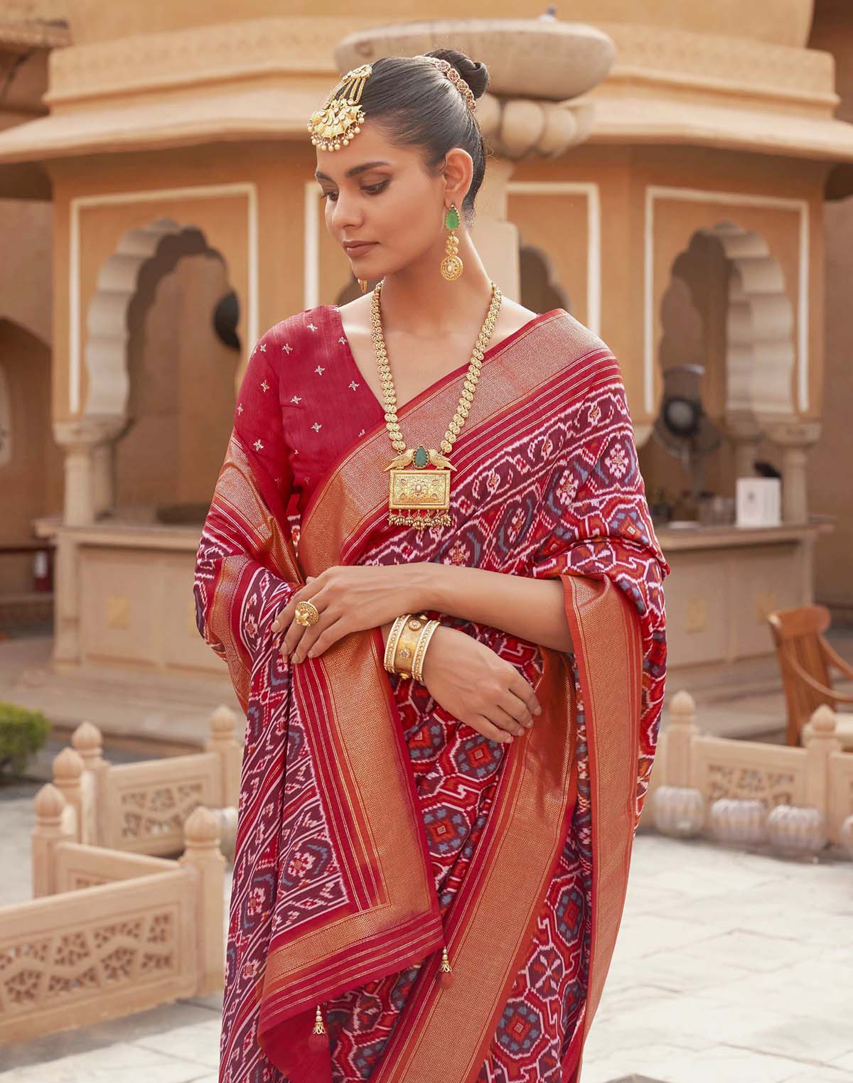 Red Ikat Print Patola Saree with Contrast Zari Border