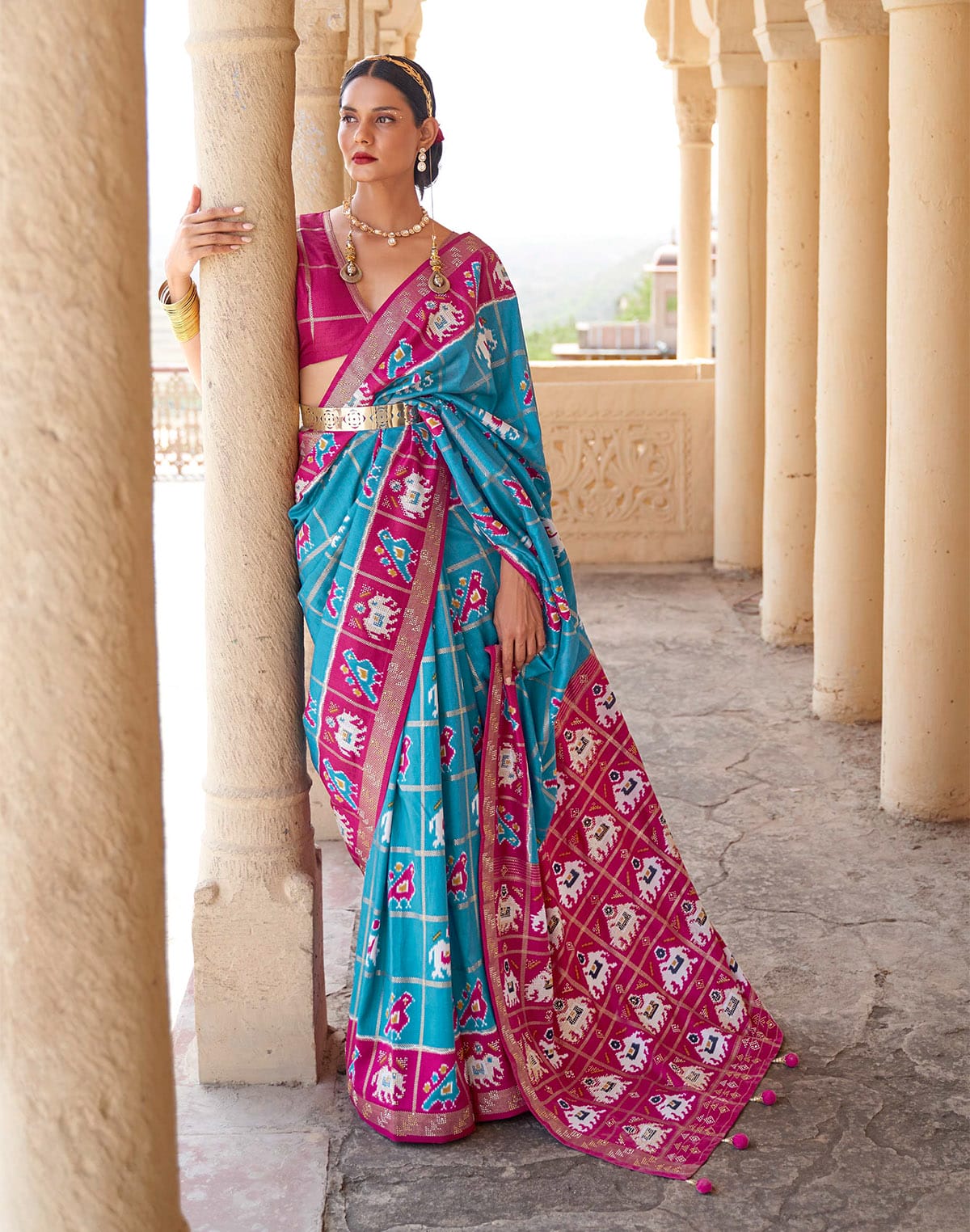 Sky Blue Designer Patola Silk Saree