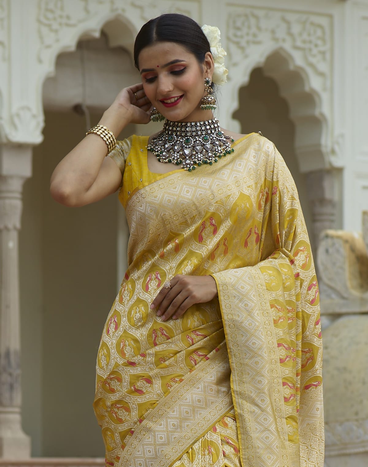 Collection of Bright Yellow Coloured Pure Kataan Banaras Saree in a gallery layout