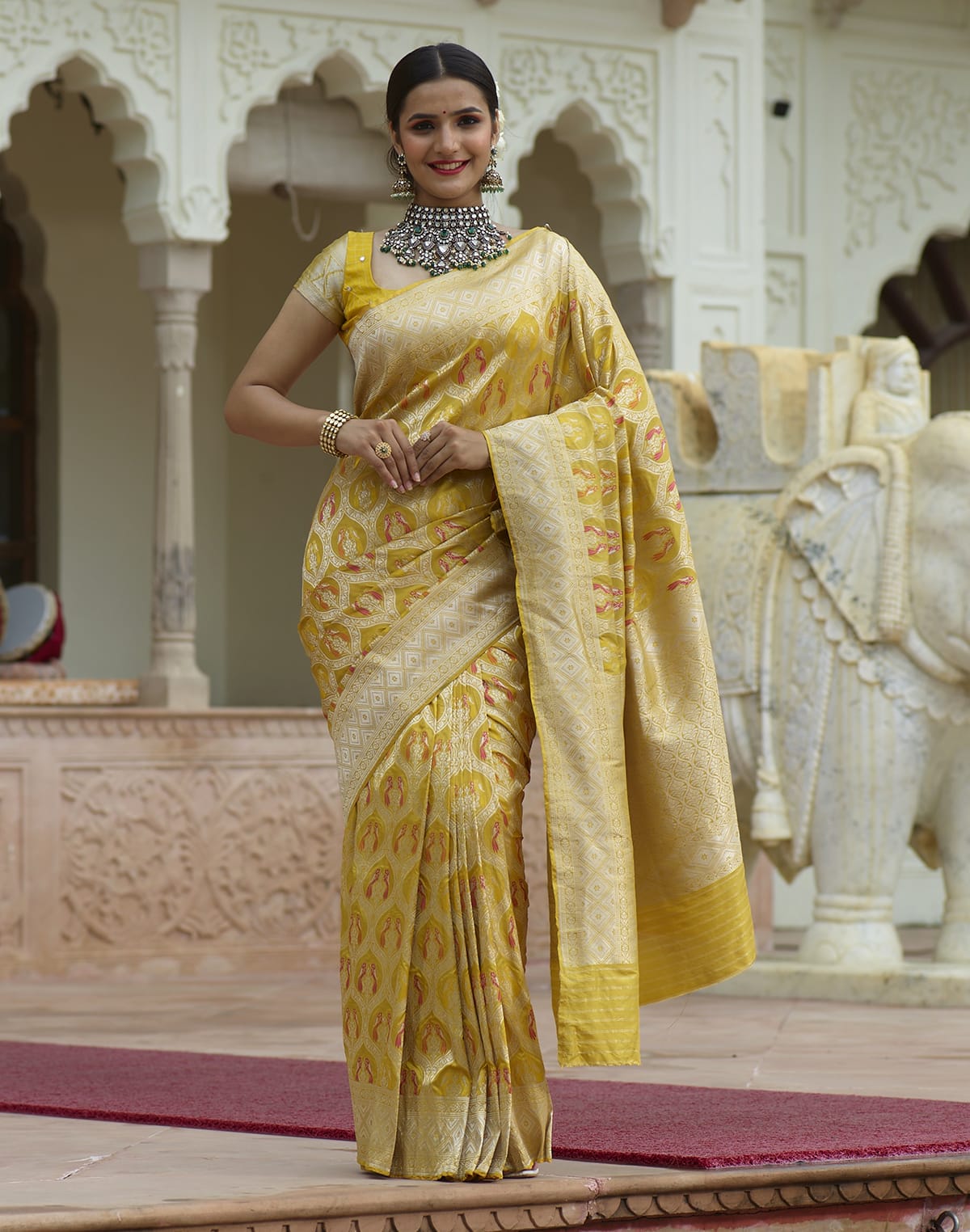 Collection of Bright Yellow Coloured Pure Kataan Banaras Saree in a gallery layout