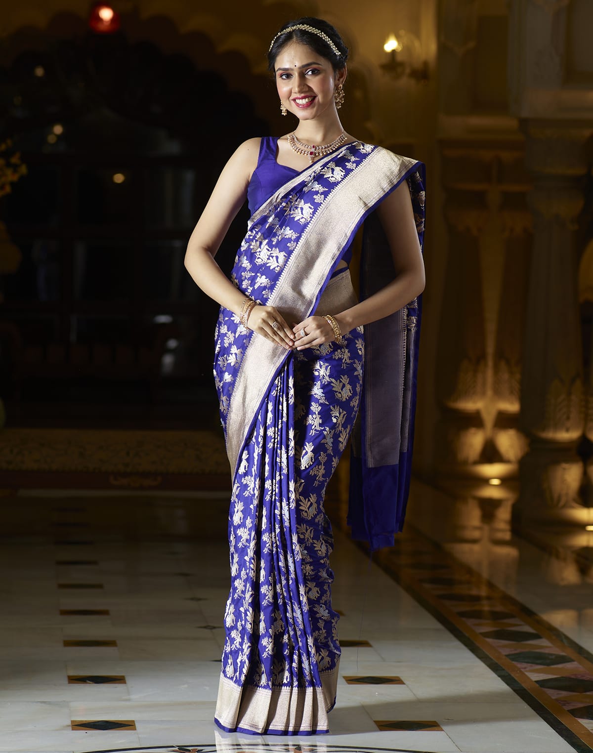 Graceful Blue Floral design Pure Kataan Banaras Silk Saree