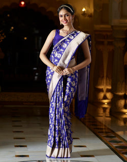 Collection of Graceful Blue Floral design Pure Kataan Banaras Silk Saree in a gallery layout