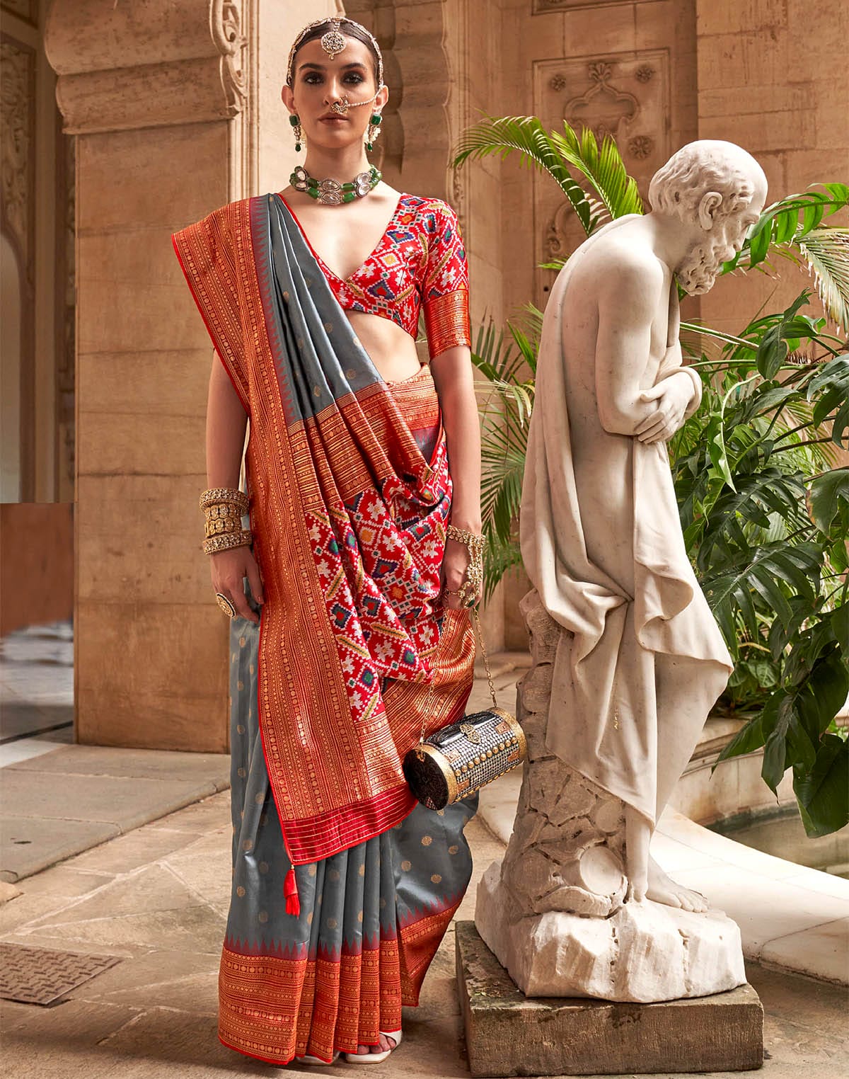 Collection of Grey Soft Banaras Patola Saree in a gallery layout