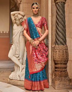 Collection of Peacock Blue Banaras Patola Saree in a gallery layout