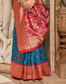 Collection of Peacock Blue Banaras Patola Saree in a gallery layout