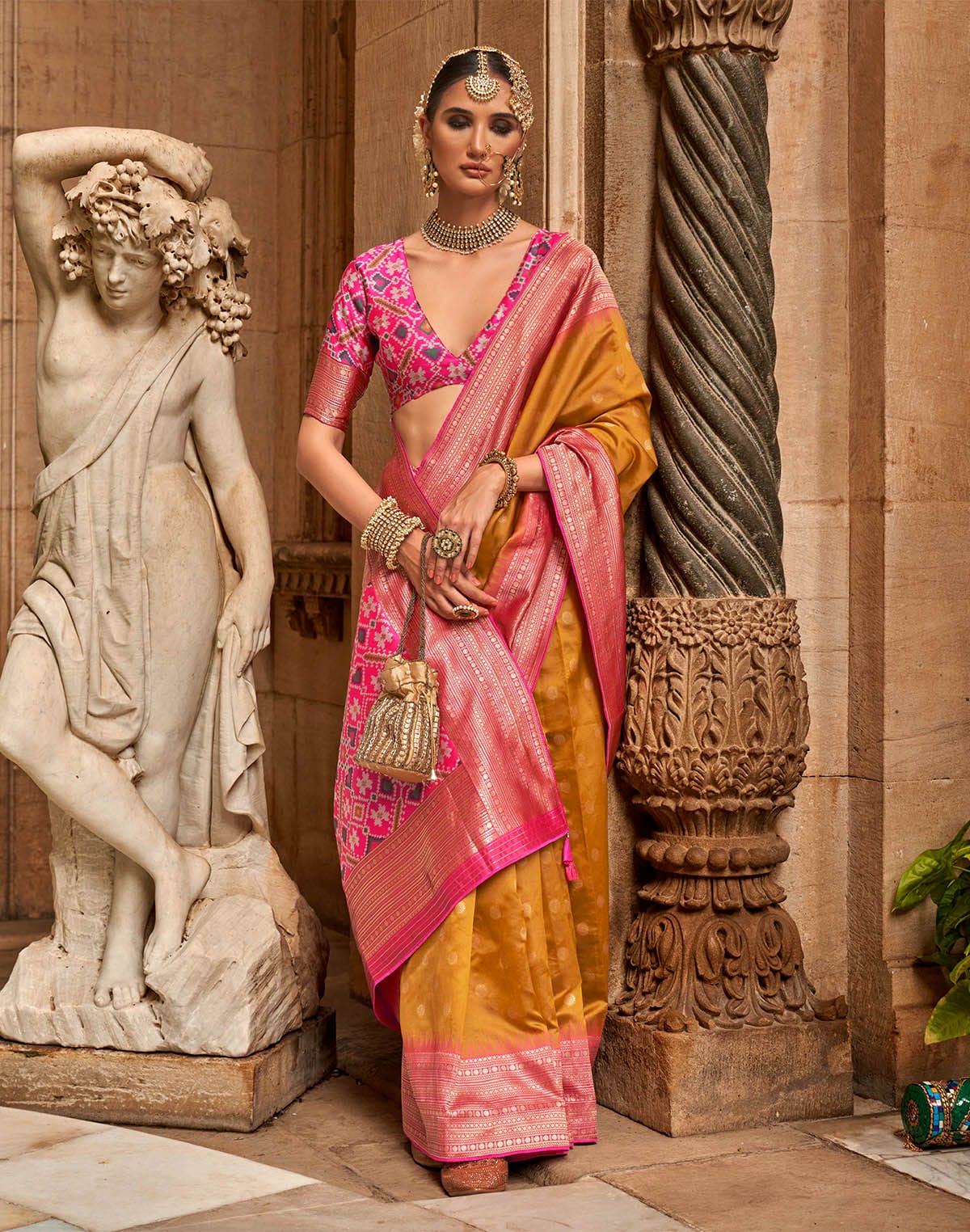 Collection of Mustard Butta Soft Banaras Patola Saree in a gallery layout