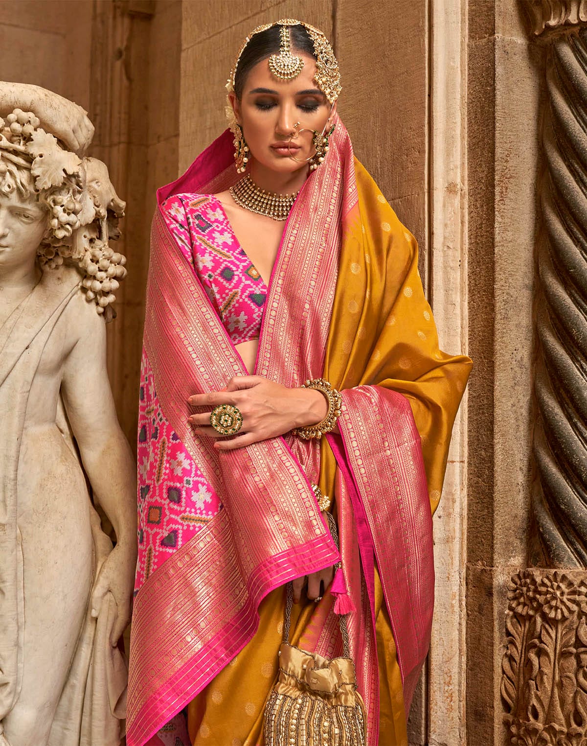 Collection of Mustard Butta Soft Banaras Patola Saree in a gallery layout