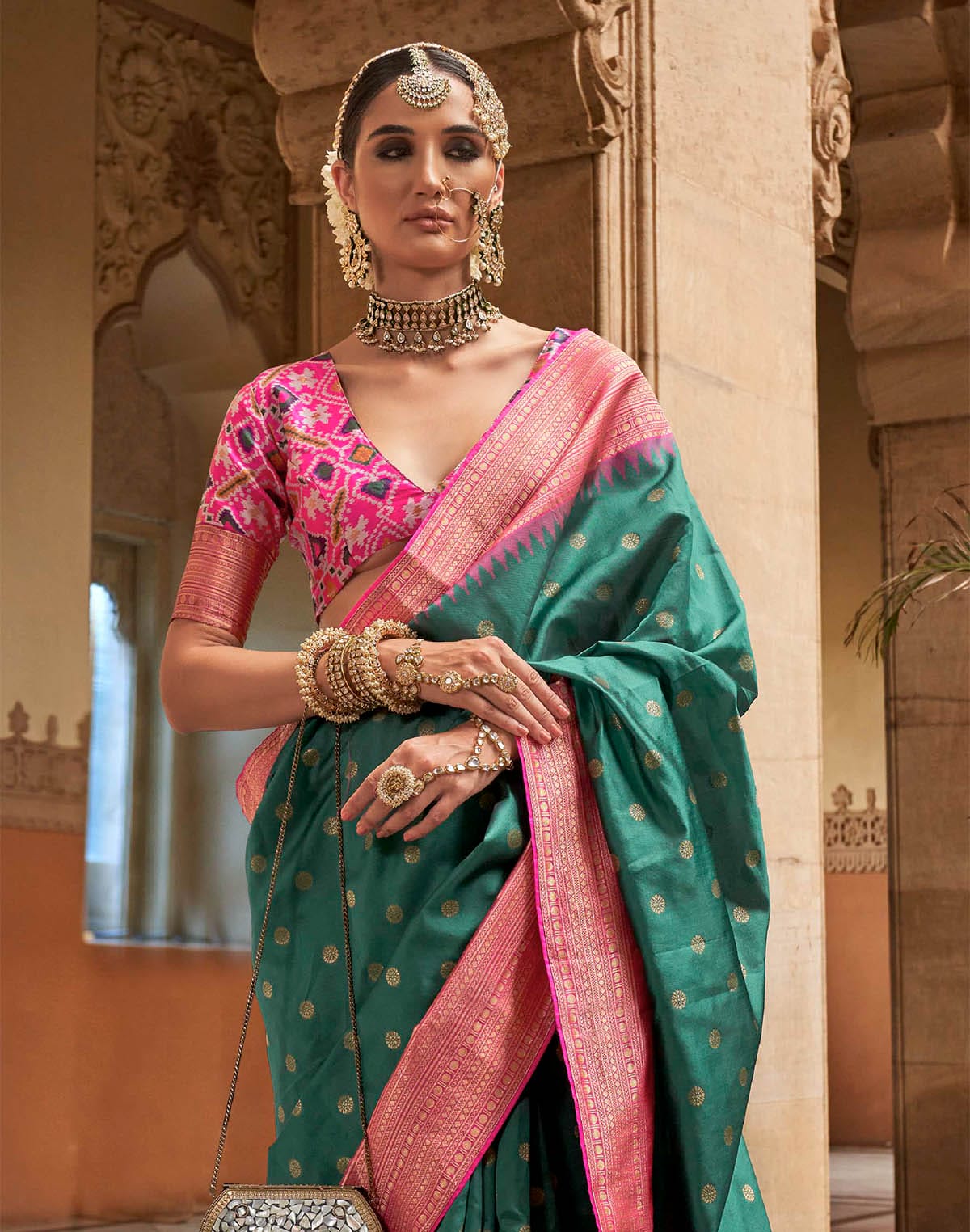 Collection of Green Butta Pattern Banaras Patola Saree in a gallery layout