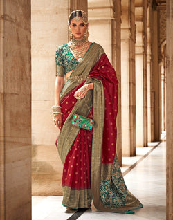 Collection of Maroon and Green Banaras Patola Saree in a gallery layout