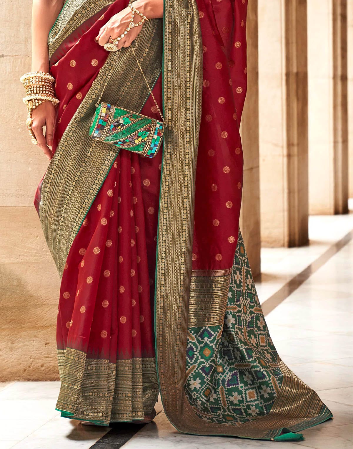 Collection of Maroon and Green Banaras Patola Saree in a gallery layout