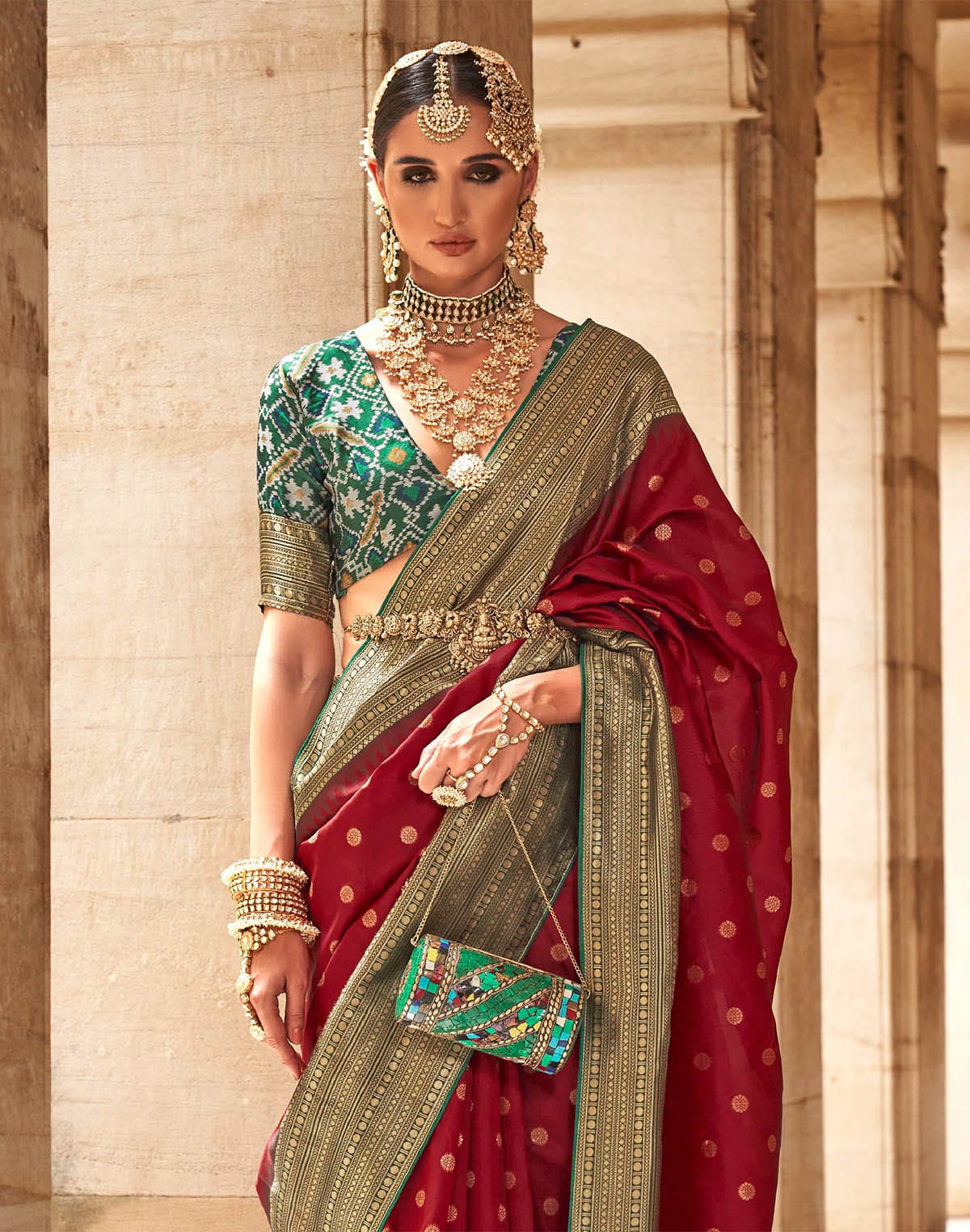 Collection of Maroon and Green Banaras Patola Saree in a gallery layout