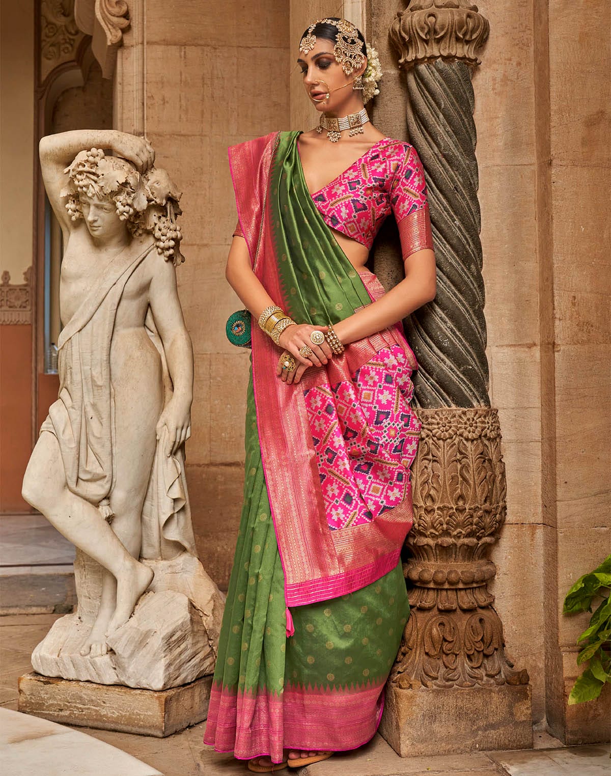 Collection of Mehendi Green Banaras Butta Patola Saree in a gallery layout