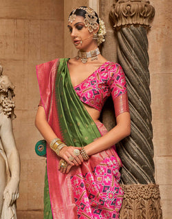 Collection of Mehendi Green Banaras Butta Patola Saree in a gallery layout