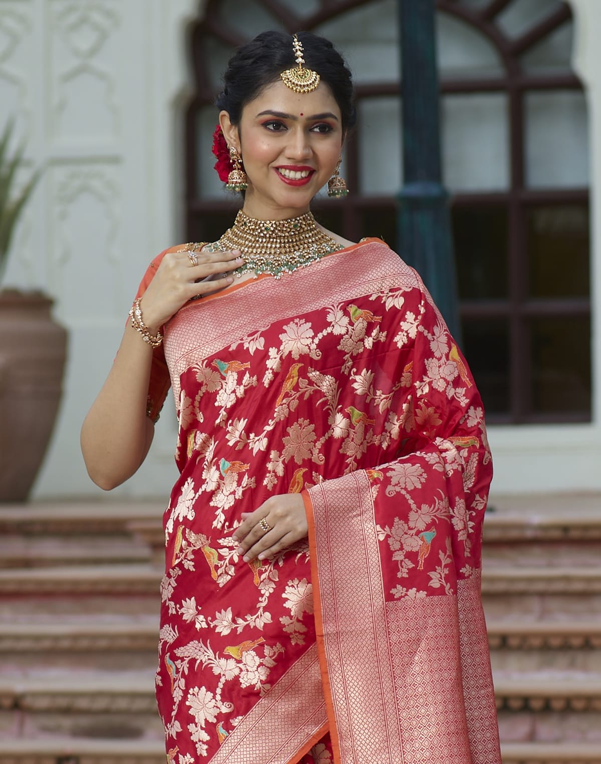 Collection of Red all over full Jaal work Handloom Silk Banarasi Saree in a gallery layout