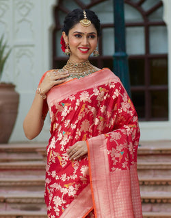 Collection of Red all over full Jaal work Handloom Silk Banarasi Saree in a gallery layout