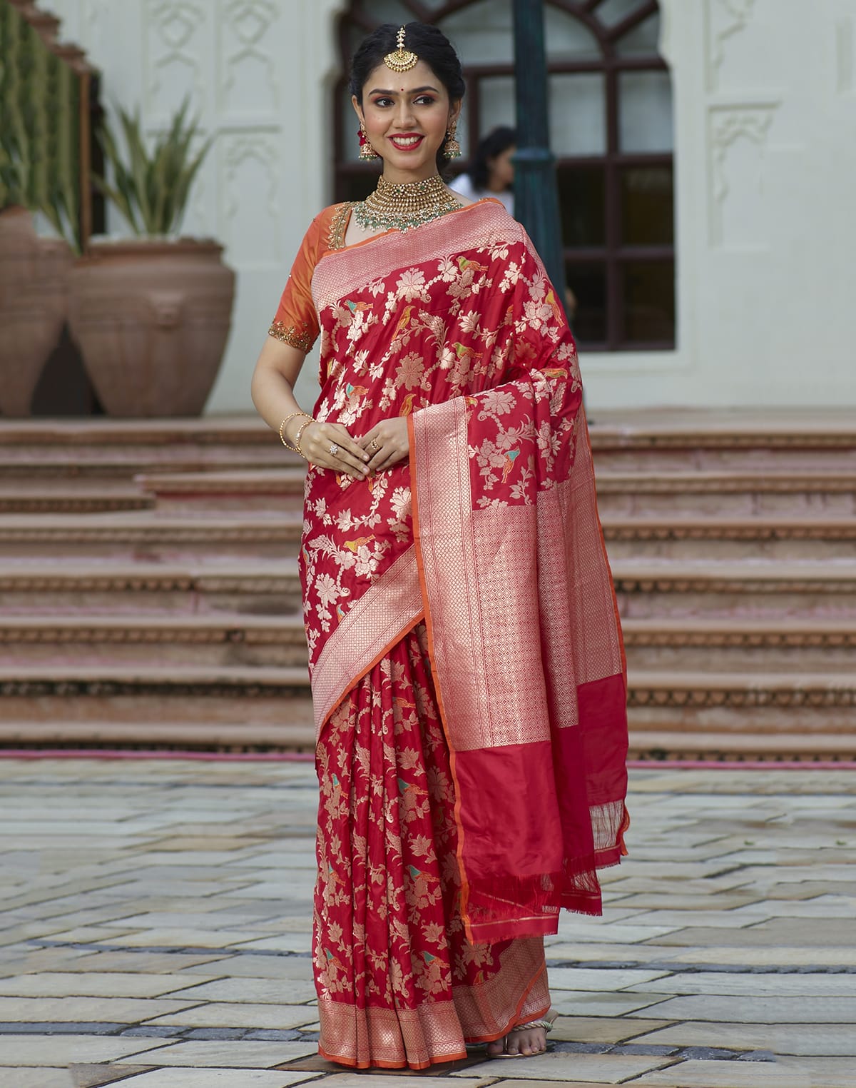 Collection of Red all over full Jaal work Handloom Silk Banarasi Saree in a gallery layout