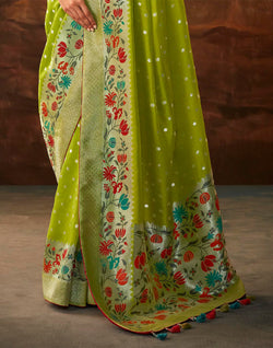 Collection of Parrot Green Floral Paithani Banarasi Dola Silk Saree in a gallery layout