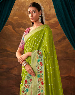 Collection of Parrot Green Floral Paithani Banarasi Dola Silk Saree in a gallery layout