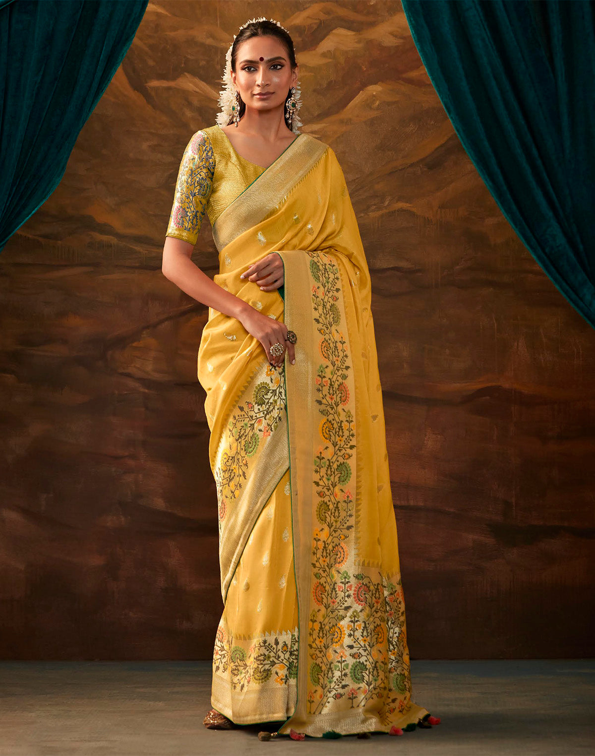 Yellow Floral Paithani Banarasi Dola Silk Saree