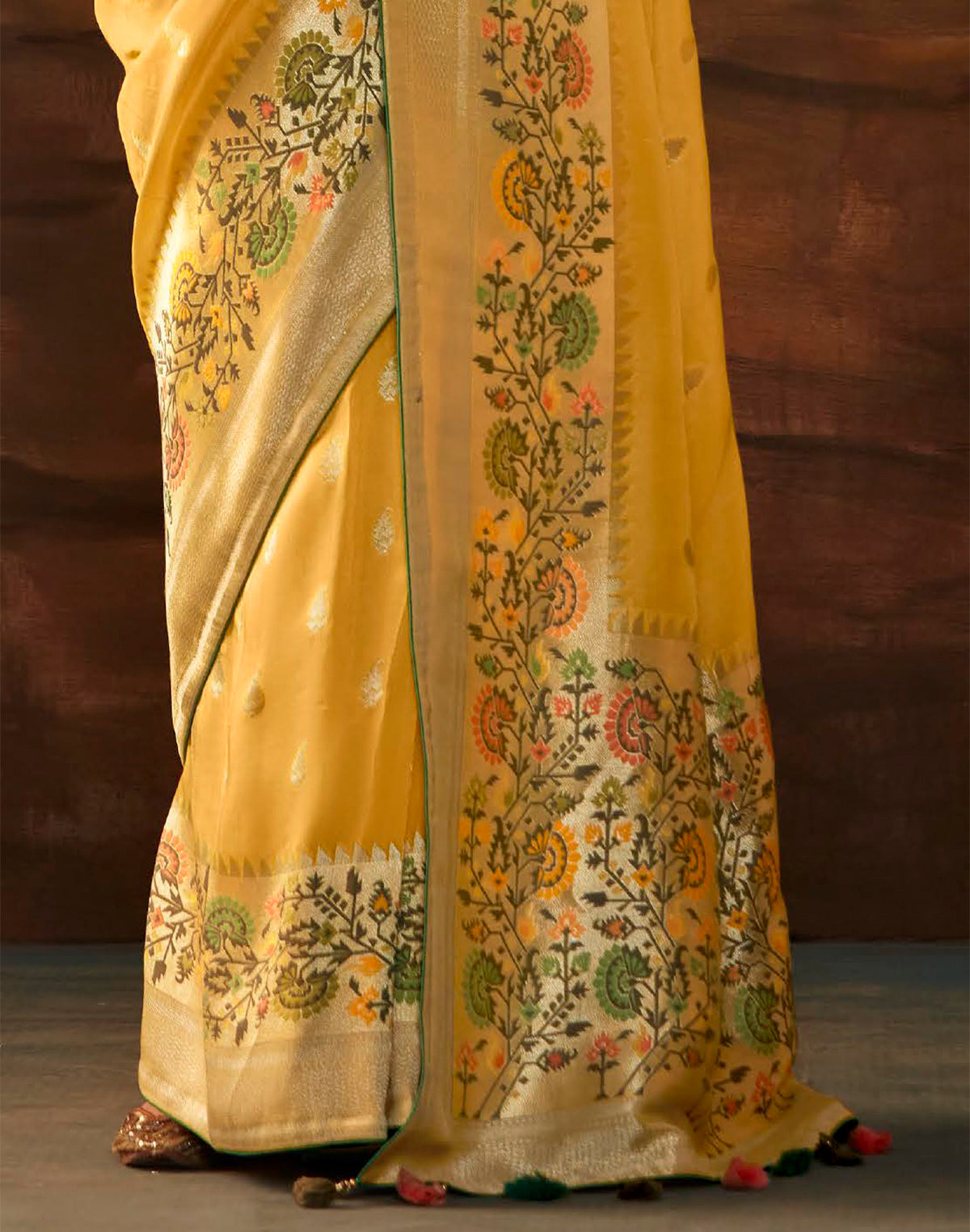 Yellow Floral Paithani Banarasi Dola Silk Saree