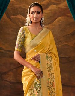 Collection of Yellow Floral Paithani Banarasi Dola Silk Saree in a gallery layout