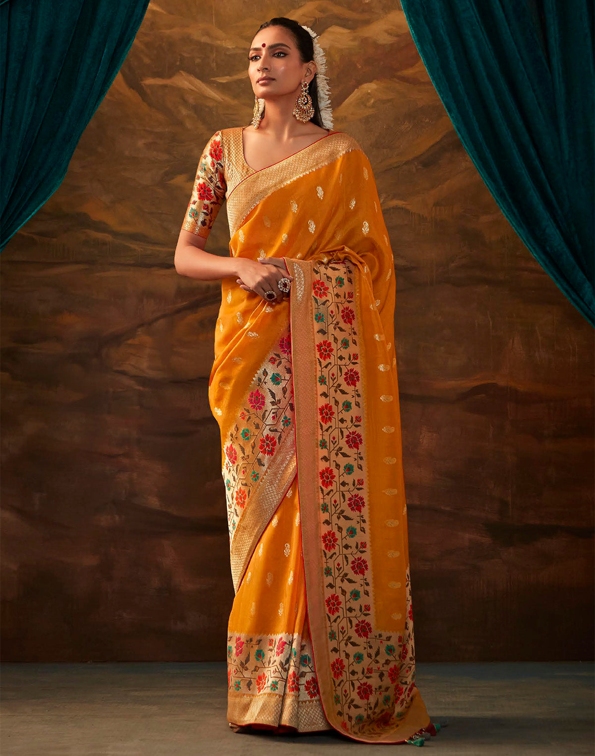 Orange Multi Floral Paithani Design Banarasi Dola Silk Saree