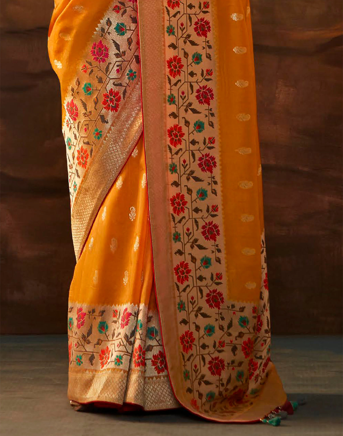 Orange Multi Floral Paithani Design Banarasi Dola Silk Saree