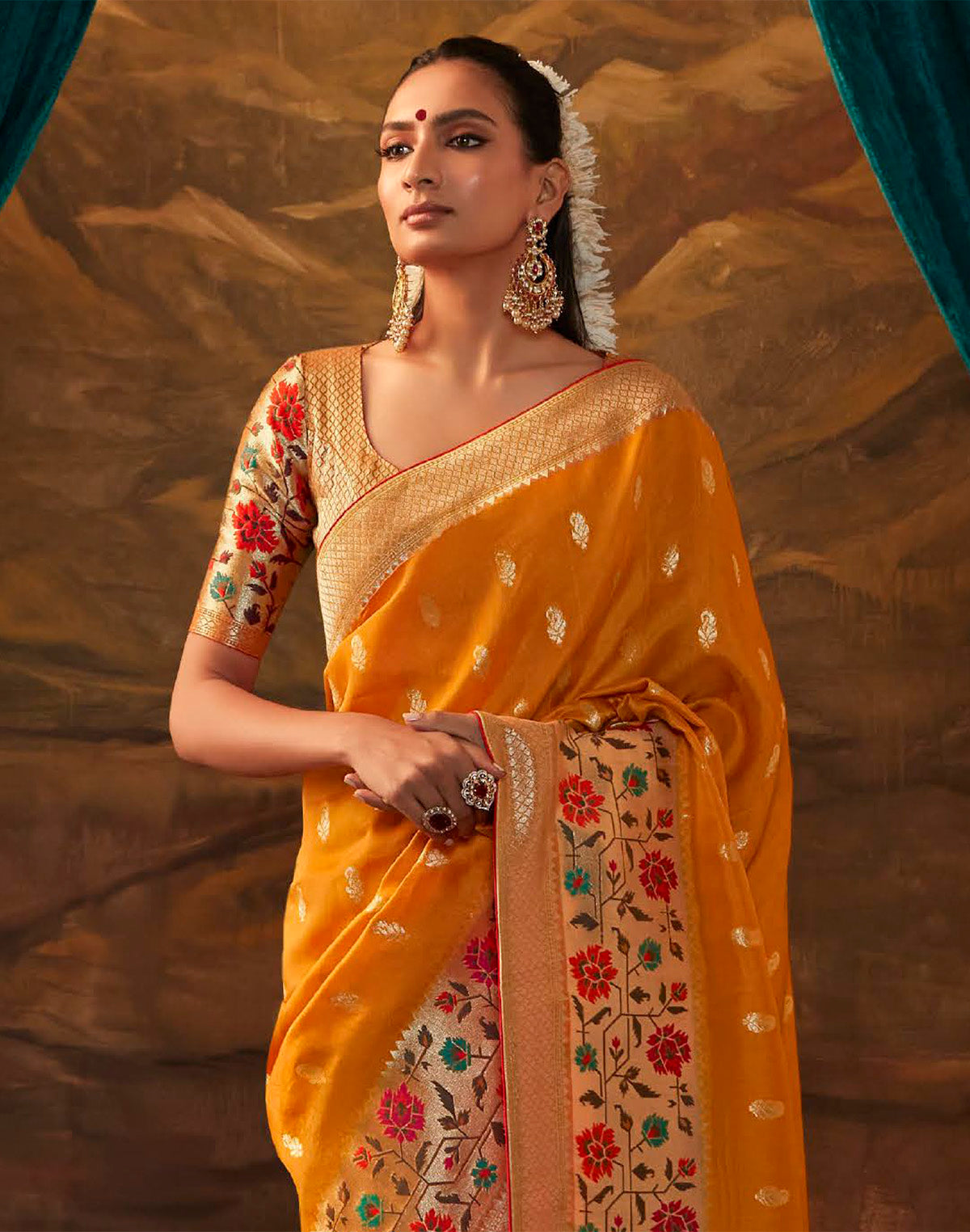 Collection of Orange Multi Floral Paithani Design Banarasi Dola Silk Saree in a gallery layout