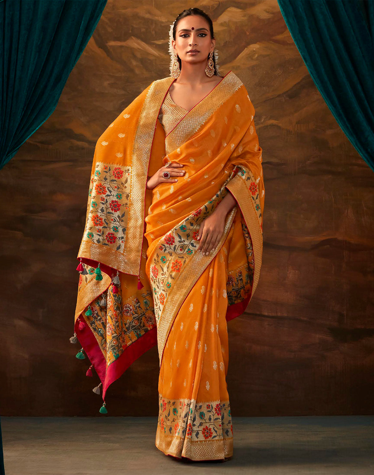 Collection of Orange Multi Floral Paithani Design Banarasi Dola Silk Saree in a gallery layout