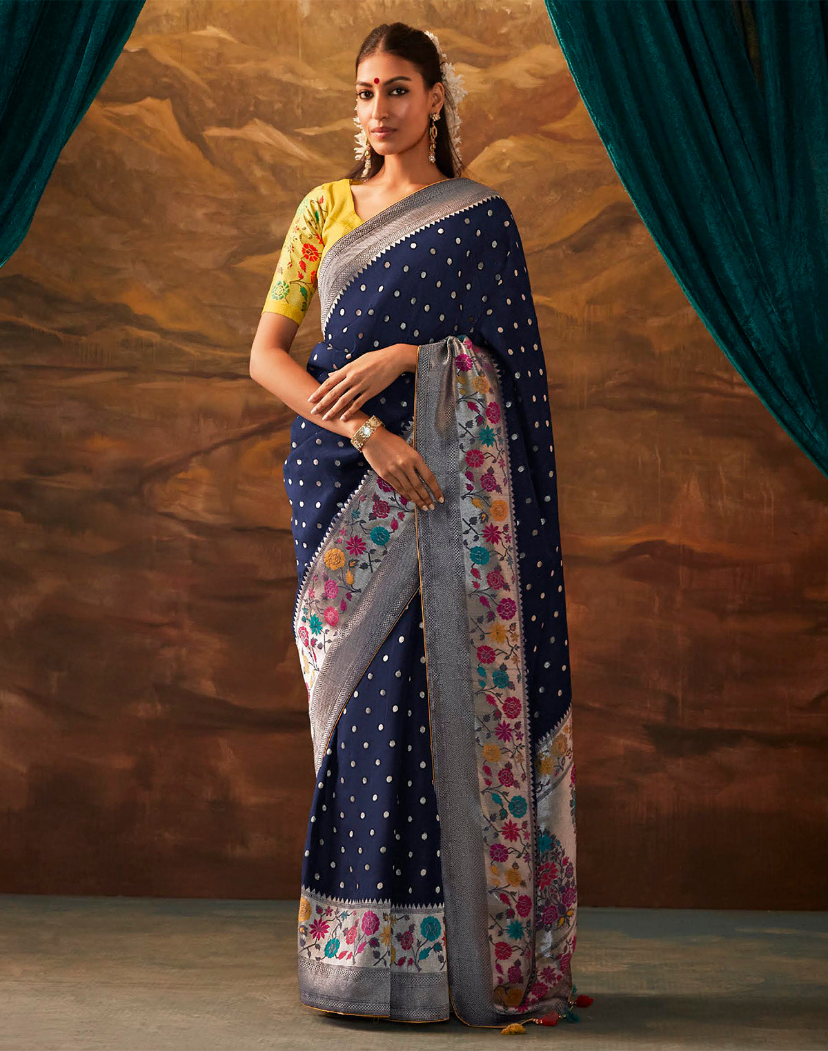 Navy Blue and Yellow Floral Paithani Banarasi Dola Silk Saree