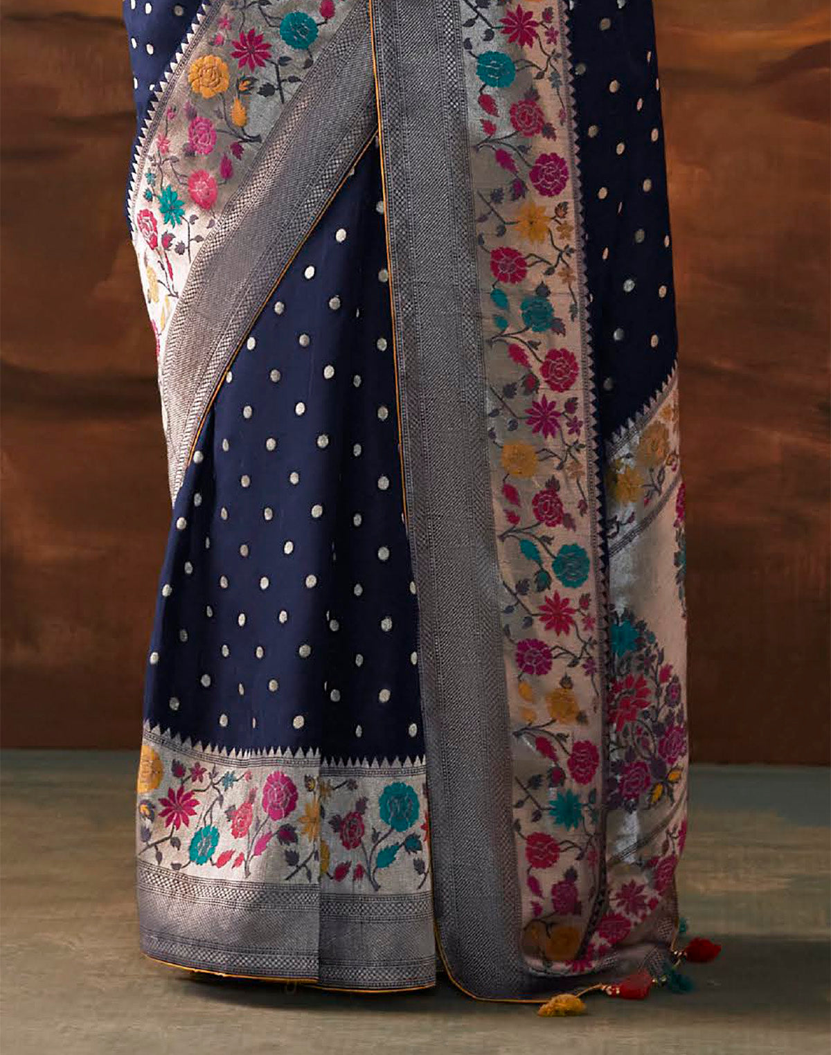 Collection of Navy Blue and Yellow Floral Paithani Banarasi Dola Silk Saree in a gallery layout