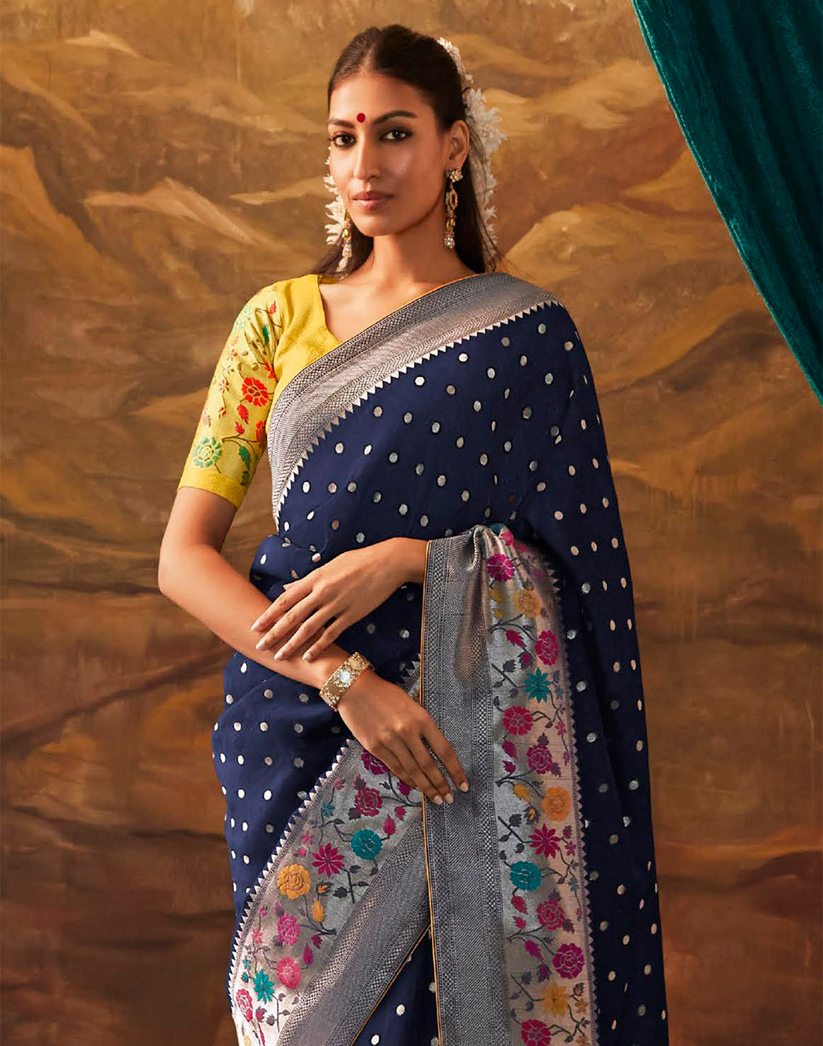 Collection of Navy Blue and Yellow Floral Paithani Banarasi Dola Silk Saree in a gallery layout