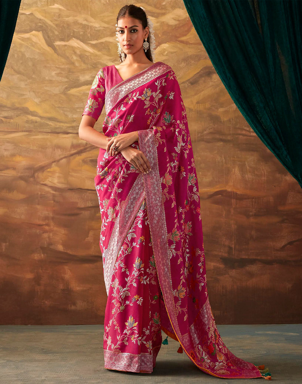 Dark Pink Floral Paithani Design Banarasi Dola Silk Saree With Self Blouse